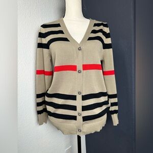 Elegant Beige and Black Striped Cardigan with Red Accents